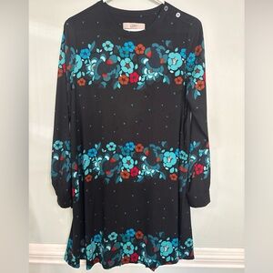 LOFT Black Dress with Blue and Red Floral Pattern and Pleated Back
